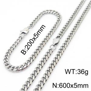 5mm Silver Color Jewelry Set Stainless Steel Cuban Link Chain Long Necklace Bracelets For Men - KS198494-ZZ
