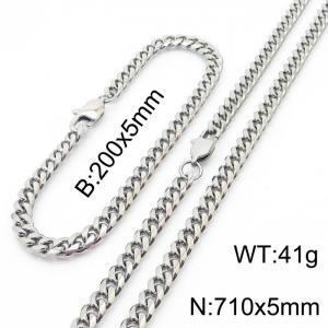 5mm Silver Color Jewelry Set Stainless Steel Cuban Link Chain Long Necklace Bracelets For Men - KS198496-ZZ