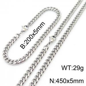 5mm Silver Color Jewelry Set Stainless Steel Cuban Link Chain Long Necklace Bracelets For Men - KS198498-ZZ