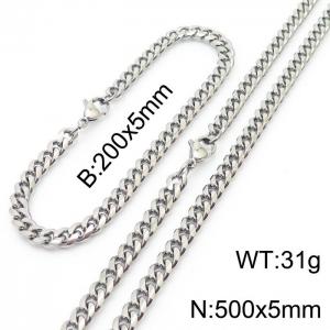 5mm Silver Color Jewelry Set Stainless Steel Cuban Link Chain Long Necklace Bracelets For Men - KS198499-ZZ