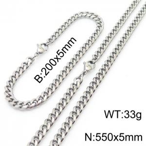 5mm Silver Color Jewelry Set Stainless Steel Cuban Link Chain Long Necklace Bracelets For Men - KS198500-ZZ