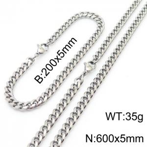 5mm Silver Color Jewelry Set Stainless Steel Cuban Link Chain Long Necklace Bracelets For Men - KS198501-ZZ