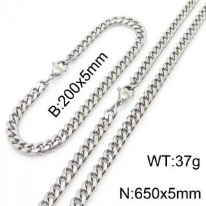 5mm Silver Color Jewelry Set Stainless Steel Cuban Link Chain Long Necklace Bracelets For Men - KS198502-ZZ