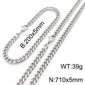 5mm Silver Color Jewelry Set Stainless Steel Cuban Link Chain Long Necklace Bracelets For Men - KS198503-ZZ