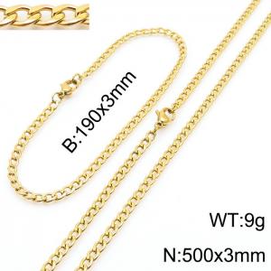 Stainless steel 190x3mm&500x3mm cuban chain fashional lobster clasp classic simple style gold sets - KS198812-Z