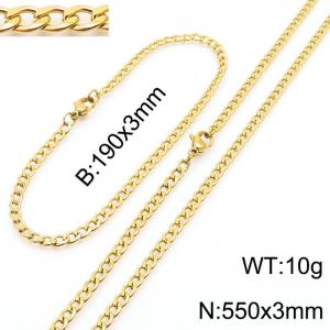 Stainless steel 190x3mm&550x3mm cuban chain fashional lobster clasp classic simple style gold sets - KS198813-Z