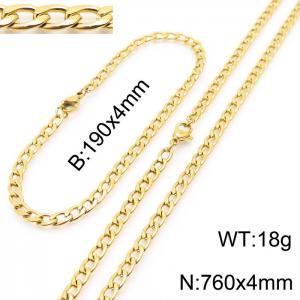 Stainless steel 190x4mm&760x4mm cuban chain fashional lobster clasp classic simple style gold sets - KS198831-Z