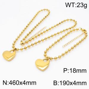 4mm Beads Chain Jewelry Set Stainless Steel Bracelet & Necklace With Heart Charm Gold Color - KS199406-Z