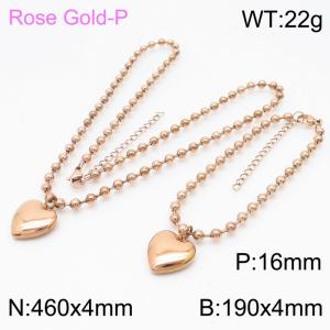 4mm Beads Chain Jewelry Set Stainless Steel Bracelet & Necklace With Heart Charm Rose Gold Color - KS199408-Z