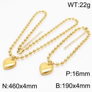 4mm Beads Chain Jewelry Set Stainless Steel Bracelet & Necklace With Heart Charm Gold Color - KS199409-Z