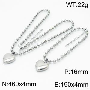 4mm Beads Chain Jewelry Set Stainless Steel Bracelet & Necklace With Heart Charm Silver Color - KS199410-Z