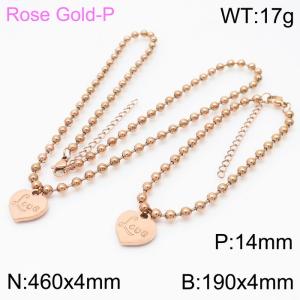 4mm Beads Chain Jewelry Set Stainless Steel Bracelet & Necklace With Love Heart Charm Rose Gold Color - KS199411-Z