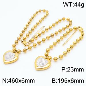 6mm Beads Chain Jewelry Set Stainless Steel Bracelet & Necklace With Heart Charm Gold Color - KS199417-Z
