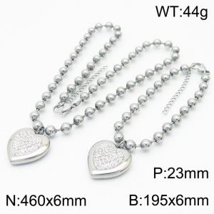6mm Beads Chain Jewelry Set Stainless Steel Bracelet & Necklace With Heart Charm Silver Color - KS199418-Z