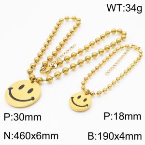 Simple Beads Chain Jewelry Set Stainless Steel Bracelet & Necklace With Smile Charm Gold Color - KS199419-Z