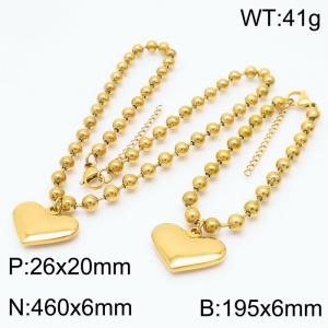 6mm Beads Chain Jewelry Set Stainless Steel Bracelet & Necklace With Heart Charm Gold Color - KS199423-Z