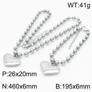 6mm Beads Chain Jewelry Set Stainless Steel Bracelet & Necklace With Heart Charm Silver Color - KS199424-Z