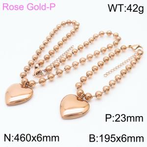 6mm Beads Chain Jewelry Set Stainless Steel Bracelet & Necklace With Heart Charm Rose Gold Color - KS199425-Z