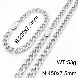 7.5mm Fashion Simple Stainless Steel 200mm Chain Bracelet and 450mm Necklace Set Silver Color - KS199609-Z