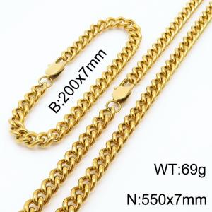 Stainless steel round grinding chain 550 * 7mm Cuban necklace gold set - KS199632-Z