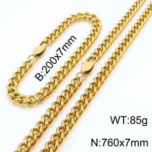 Stainless steel round grinding chain 760 * 7mm Cuban necklace gold set - KS199636-Z