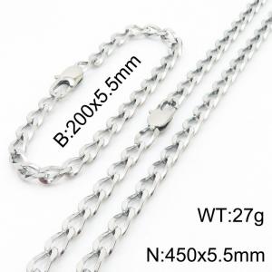 Silver Color Stainless Steel Cuban Chain 450×5.5mm Necklaces 200 ×5.5mm Bracelets Jewelry Sets For Women Men - KS199637-Z