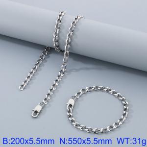 Silver Color Stainless Steel Cuban Chain 550×5.5mm Necklaces 200 ×5.5mm Bracelets Jewelry Sets For Women Men - KS199639-Z