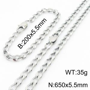 Silver Color Stainless Steel Cuban Chain 650×5.5mm Necklaces 200 ×5.5mm Bracelets Jewelry Sets For Women Men - KS199641-Z