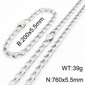 Silver Color Stainless Steel Cuban Chain 760×5.5mm Necklaces 200 ×5.5mm Bracelets Jewelry Sets For Women Men - KS199643-Z