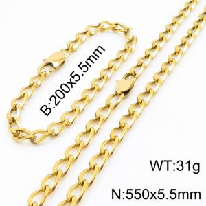 Gold Color Stainless Steel Cuban Chain 550×5.5mm Necklaces 200 ×5.5mm Bracelets Jewelry Sets For Women Men - KS199646-Z