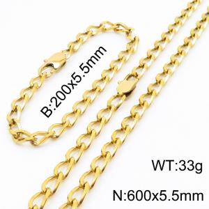 Gold Color Stainless Steel Cuban Chain 600×5.5mm Necklaces 200 ×5.5mm Bracelets Jewelry Sets For Women Men - KS199647-Z