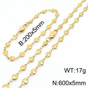 Gold Color Stainless Steel Heart Chain 600×5mm Necklaces 200×5mm Bracelet s Jewelry Sets For Women Men - KS199955-Z