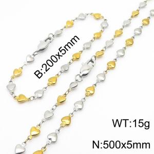 Gold Silver Color Stainless Steel Heart Chain 500×5mm Necklaces 200×5mm Bracelet s Jewelry Sets For Women Men - KS199967-Z