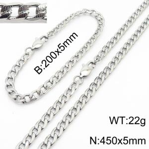 5mm simple fashion silver stainless steel embossed NK chain bracelet necklace two-piece set - KS199994-Z