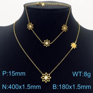 Gold Color Jewelry Sets Stainless Steel Sun Flower Rhinestone Pendant Link Chain Bracelets Necklace For Women Jewelry - KS200365-LX