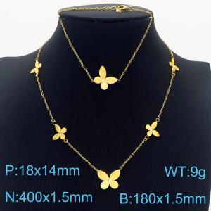 Gold Color Jewelry Sets Stainless Steel Butterfly Rhinestone Pendant Link Chain Bracelets Necklace For Women Jewelry - KS200366-LX