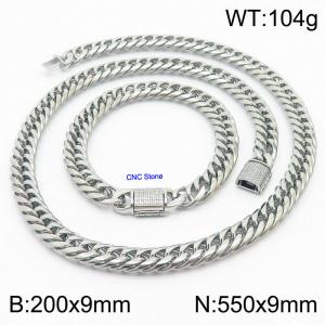 Stainless steel 200x9mm Necklace 550x9mm cuban chain Bracelet with CNC  Stone clasp Steel Sets - KS200730-Z