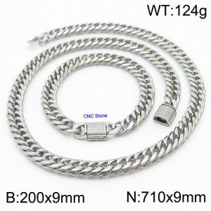Stainless steel 200x9mm Necklace 710x9mm cuban chain Bracelet with CNC  Stone clasp Steel Sets - KS200733-Z