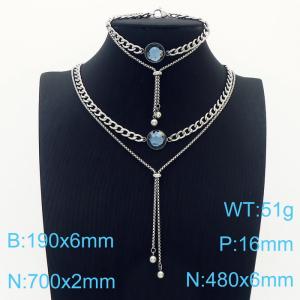 European and American fashion stainless steel double tassel inlaid stone necklace bracelet two-piece set - KS200757-Z