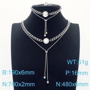 European and American fashion stainless steel double tassel inlaid stone necklace bracelet two-piece set - KS200758-Z