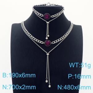 European and American fashion stainless steel double tassel inlaid stone necklace bracelet two-piece set - KS200760-Z