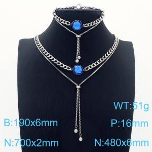 European and American fashion stainless steel double tassel inlaid stone necklace bracelet two-piece set - KS200761-Z