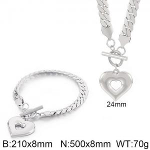 Japan and South Korea fashion stainless steel blade chain OT buckle heart pendant bracelet necklace two-piece set - KS200923-Z