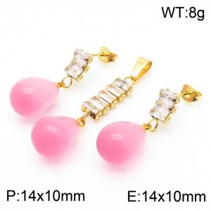Woman Zircons Stainless Steel Earrings&Pendant with Elegant Pink Stone - KS201193-GG