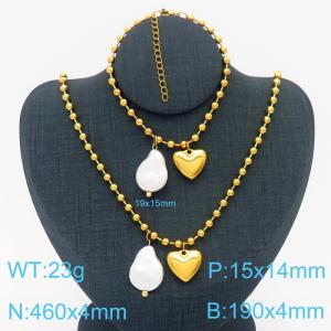 Stainless Steel Heart-shaped pearl round bead chain Women's French ornaments Gold suit - KS201243-Z