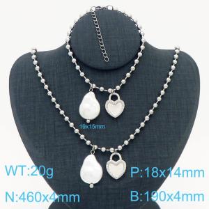 Stainless steel heart-shaped pearl round bead chain ladies French two-piece set - KS201247-Z