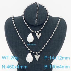 Stainless steel heart-shaped pearl round bead chain ladies French two-piece set - KS201249-Z