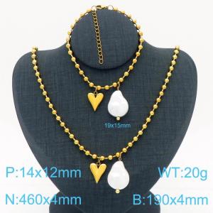 Stainless Steel Heart-shaped pearl round bead chain Women's French ornaments Gold suit - KS201250-Z