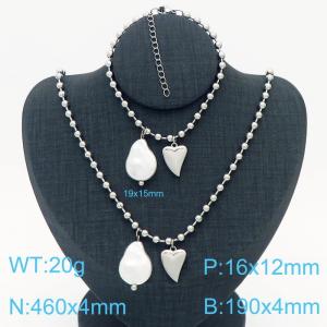 Stainless steel heart-shaped pearl round bead chain ladies French two-piece set - KS201251-Z