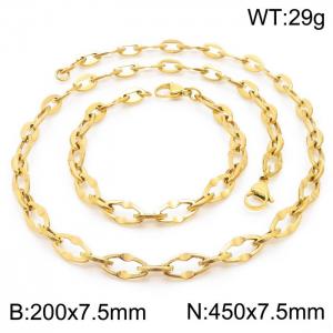 7.5mm Width Gold-Plated Stainless Steel Oval Links 450mm Necklace&200mm Bracelet Jewelry Set - KS201389-Z